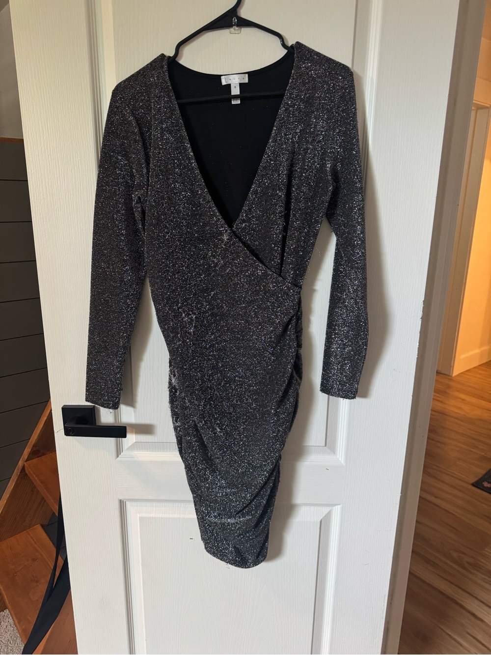 Leith Metallic Wrap-Style Long Sleeve Dress - Silver-Black